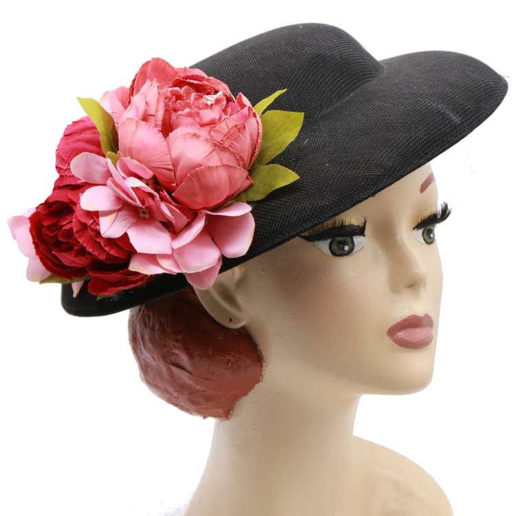Grosser Schwarzer Hut mit rosa-roter Ansteckblume zum Wechseln
