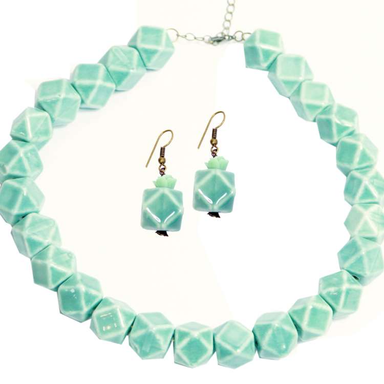 Set: Mint green dice 'dodecahedron' - earrings & necklace