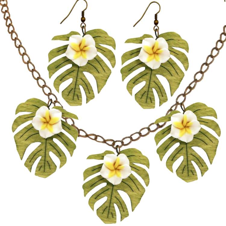 Set: White frangipani on Monstera leaf - earrings & necklace