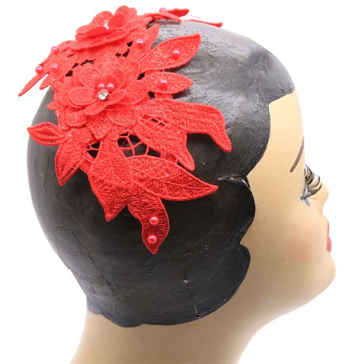 Elegant vintage half hat in red lace with rhinestone