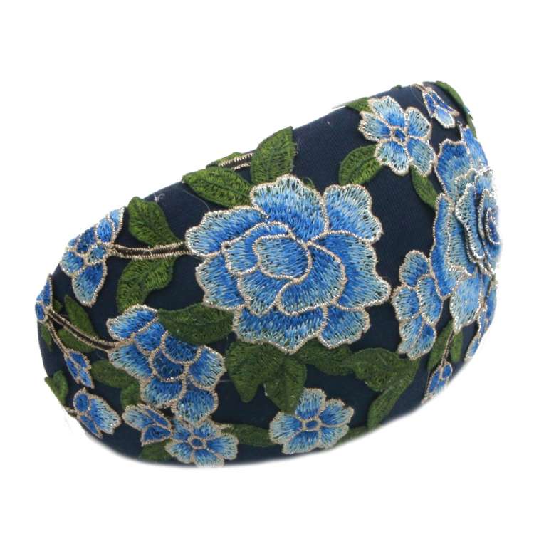 Large blue half hat made of velvet with precious flower lace - bandeau hat in vintage loo