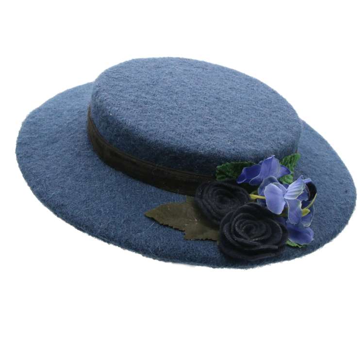 boater hat vintage wool flowers winter blue