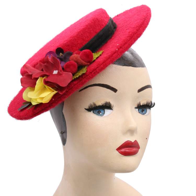 Small Boater hat made of wool fabric in red with small flowers