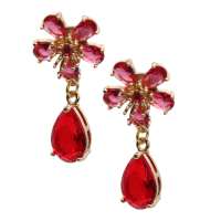 Earrings in pink-red with rhinestone, flower and glass drops