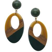 Wood & acrylic pendant earrings - yellow & brown & green