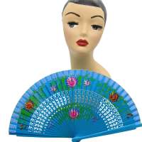 Spanish fan in light blue with hand painted flowers