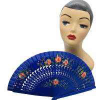 Spanish fan in blue with hand painted flowers