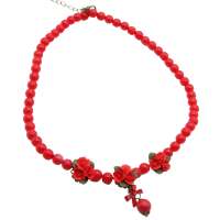 Red Pearl Necklace with Rose Pendants