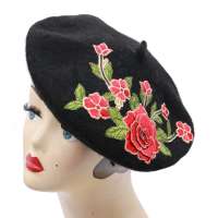 Black beret with embroidered roses in red