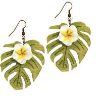 White Frangipani flower & Monstera leaf earrings