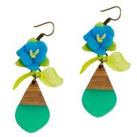 Turquoise & flower - wood & acrylic - earrings