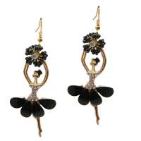 Earrings with flower & dancer in black/gold & glitter
