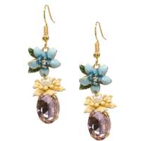 Sparkling earrings with pink gemstone & light blue/yellow flowers