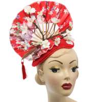 Half hat in red with fan & cherry blossoms