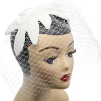 Flat Bandeau Half Hat with white Leaves & veil