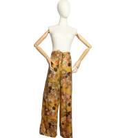 Airy wrap pants with asian flowers in ochre pattern (S-L)