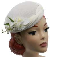 White Velveteen Circle Hat - round velvet hat with net and flowers