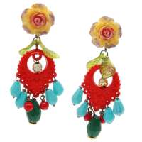 Stud earrings with flowers and red pendant with pearls