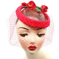 Red Net hat "Whimsy" with red flowers & with veil