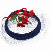 Blue Net hat "Whimsy" with red flowers & with veil