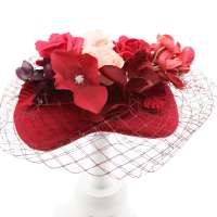 Red Fascinator/ small Half Hat with flowers and net