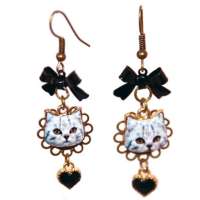 Earrings with cat head & hearts - like a glossy picture
