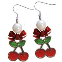 Earrings with small pair of cherries in silver/red