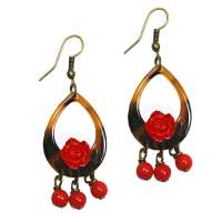 Earrings with drops in horn optics & red roses
