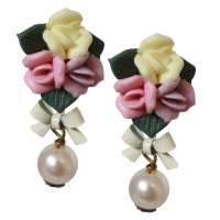 Earrings with three coloured flowers & pearl