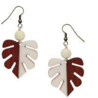 Brown-white leaf of wood & resin - earrings