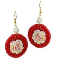 Earrings with rattan ring in red & white flower