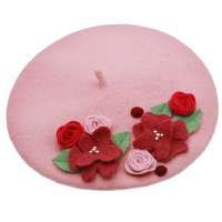 Beret in pink with felt flowers in pink & red