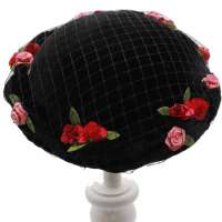 Velveteen Circle Hat - round velvet hat in black with small flowers