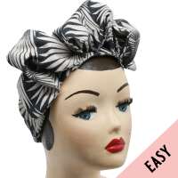Black & white EASY Turban with palm leaves pattern - pre-tied, with velcro