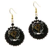 Earrings with black rattan ring and enamel flower