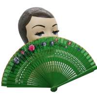 Spanish fan in green with hand painted flowers