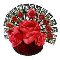 Fascinator in red with roses and black fan