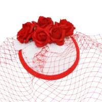 Red roses & veil on a white fascinator (birdcage)