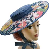 Blue Straw Cartwheel & Wide Brim Hat with Floral Pattern