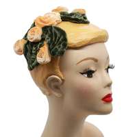 Half Hat with yellow Velvet Flowers and Leaves (Vintage Bandeau Hat)