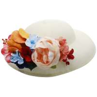 White hat with colourful exchangeable corsage flower in yellow, beige and blue