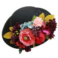 Black big Hat with mixed flowers in purple, petrol, pink to change