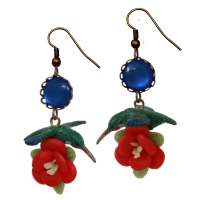 Blue Hummingbird & red flower earrings