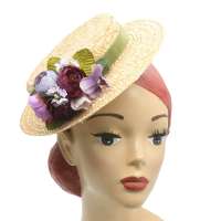 Flat Straw Hat & purple Flowers (Changeable Corsage Bouquet)