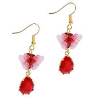 Earrings with sparkling drop in red and pink butterfly