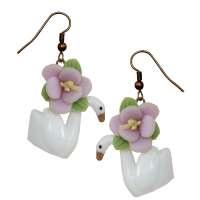 White Swan & purple flower earrings
