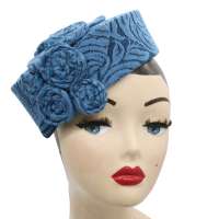 Pillbox hat in blue with lace & 3D flowers