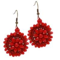 Earrings with flower made of red pearls