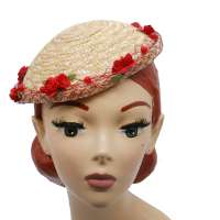 Bowler straw hat with net & red small flowers