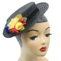 Flat black Straw Hat & Changeable flower Bouquet